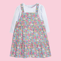 Our rosie Blouse in Blue Stripe paired with our Merion Floral Beatrice Pinafore Dress