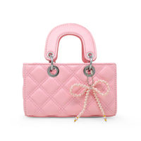 Quilted Rectangle Bow Charm Handbag: Pink