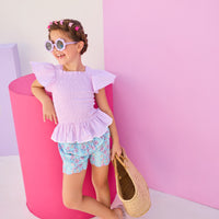 Shirred Scallop Shorts - Marguerite Floral Aqua