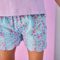 Shirred Scallop Shorts - Marguerite Floral Aqua