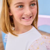 Young girl with blonde hair and blue eyes wearing a white ribbed long sleeve top with pink gold tulle and gold stars at the shoulders
