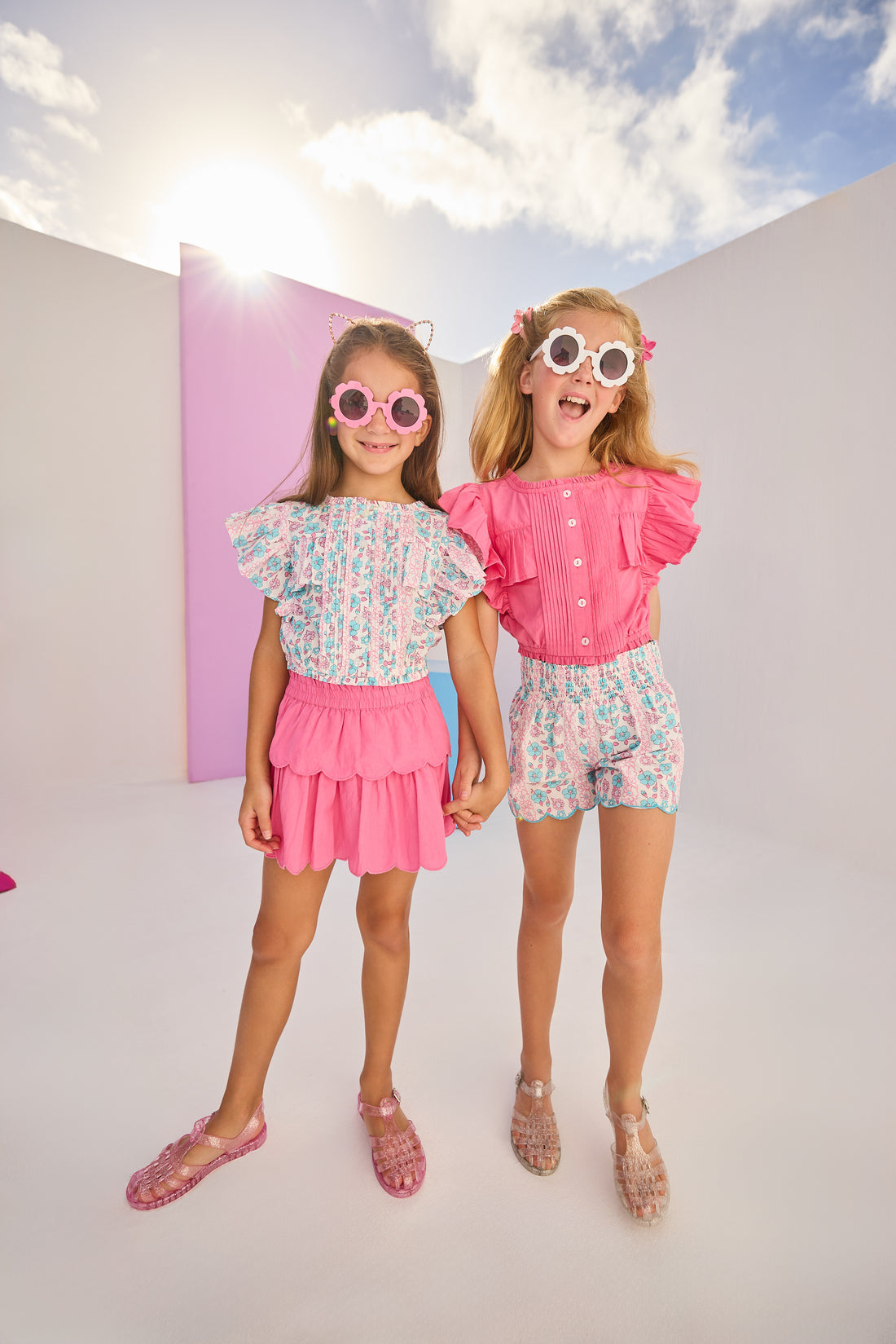 Shirred Scallop Shorts - Marguerite Floral Pink