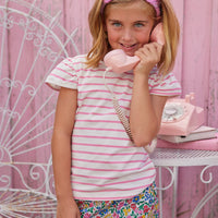 BISBY girl Rosie Short Set in Tulip Garden. Top is pink and white stripe with angel sleeve paired with our shorts in our Tulip Garden colorful floral