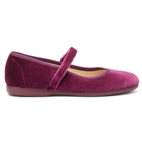 Purple velvet shoe with a strap on a white background mary jane for kids