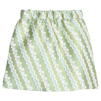Mini skort that features an elastic waist and built in shorts for a relaxed but secure fit. Skort also features a gorgeous teal and silver squiggle pattern detail on a lime green background.
