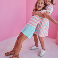 everyday basics for girls. striped tshirt dress for girls and coordinating angel sleeve striped shirt and aqua shorts