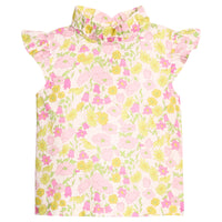 BISBY girl woven top in a pink/yellow floral print. Top features a ruffle neckline, angel sleeves, and three button closure at back of neckline.