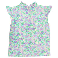 BISBY girl woven top in a aqua/green/purple floral print. Top features a ruffle neckline, angel sleeves, and three button closure at back of neckline.