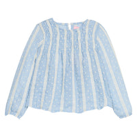 Girls light blue blouse with white embroidery dots and trim on a white background