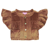 Brown velvet top with ruffled sleeves on a white background
