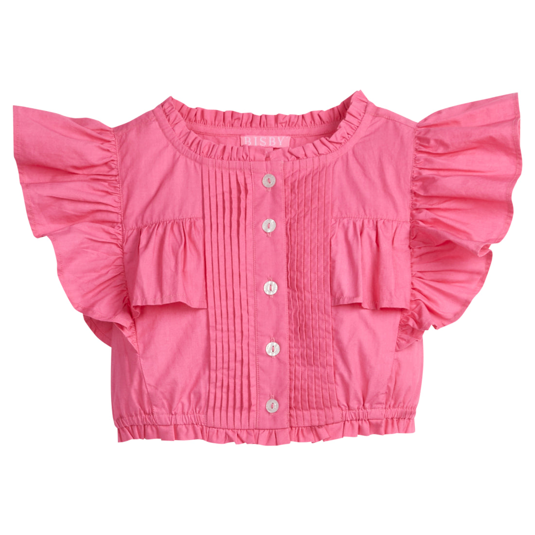 Girls/Tween lightweight woven top in hot pink featuring button closures along the front, angel sleeves, and gathering detail for an elevated spring look.