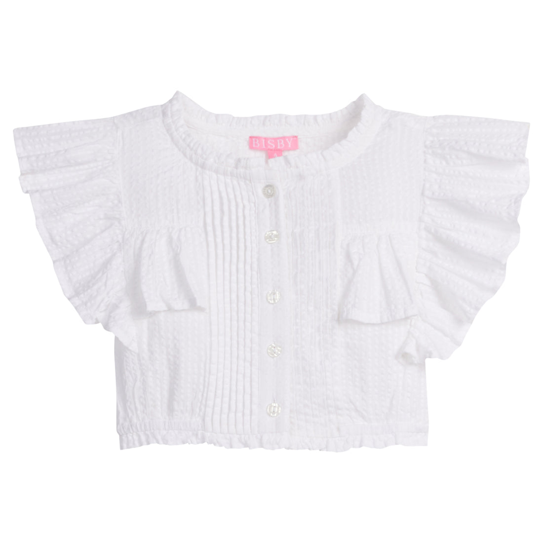 Girls/Tween lightweight woven top in hot pink featuring button closures along the front, angel sleeves, and gathering detail for an elevated spring look.