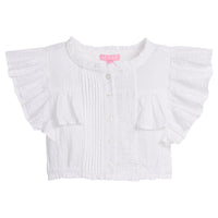 Girls/Tween lightweight woven top in hot pink featuring button closures along the front, angel sleeves, and gathering detail for an elevated spring look.