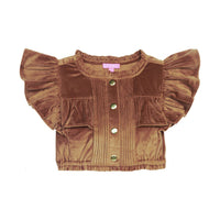 Brown velvet top with ruffled sleeves on a white background