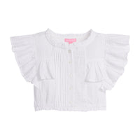 Girls/Tween lightweight woven top in a white seersucker fabric featuring button closures along the front, angel sleeves, and gathering detail for an elevated spring look.