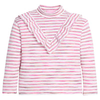 Girls pink and white striped long-sleeve top with ruffled collar.