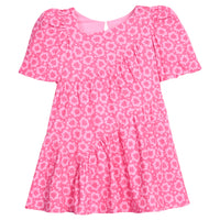 Pink "maple leaf" floral dress that features a button closure on back of neckline and asymmetrical pleating detail across body of dress.