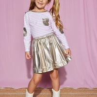 Model can be seen wearing our Breton Top in Pink Stripe paired with our Gold Lame Circle Skirt to complete the look-BISBY girl