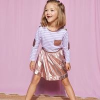 BISBY girl seen wearing our Circle Skirt in Pink Lame paired with our Breton Top in our Lilac Stripe-BISBY Girl