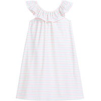 tween girls cotton shift dress with pink and aqua stripes with ruffles necklin