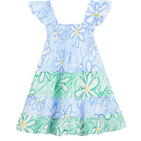 girls tween green and blue colorblock dress with ruffle sleeves with daisies