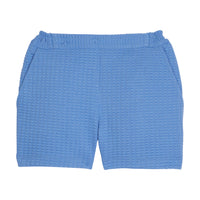 Girl blue basic short with elastic waistband and pockets with waffle knit pattern