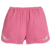 Girls/Tween hot pink gauze shorts that 
feature an elastic waistband and white embroidery detail on front of shorts as well.