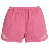 Girls/Tween hot pink gauze shorts that
feature an elastic waistband and white embroidery detail on front of shorts as well.