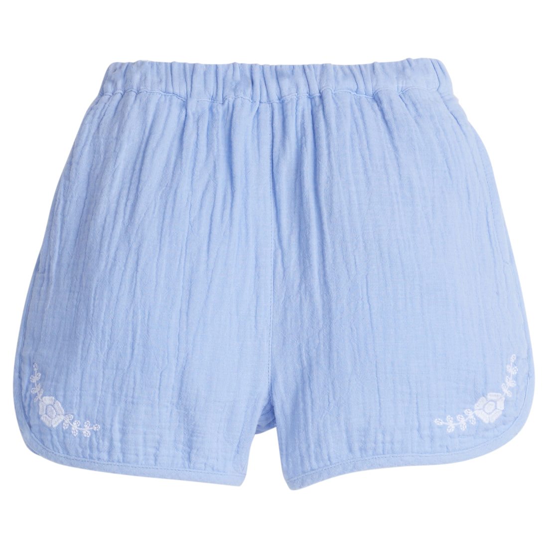 Girls/Tween hydrangea blue gauze shorts that feature an elastic waistband and white embroidery detail on front of shorts as well.