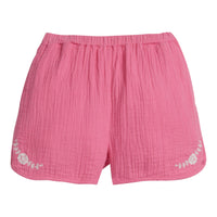 Girls/Tween hot pink gauze shorts that
feature an elastic waistband and white embroidery detail on front of shorts as well.