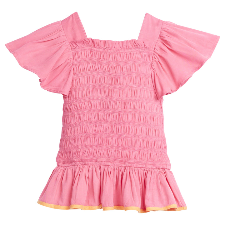 BISBY India Top in Pink features ruching along the body for loose and stretchy fit. It is made out of a soft rayon blend, with perfect angel sleeves for an extra wow factor. The bottom of the shirt has orange piping around the bottom to contrast with the light pink body.