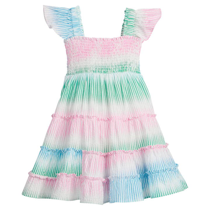 hand dyed ombre blue, pink, and green tie dyed tiered dress for girls