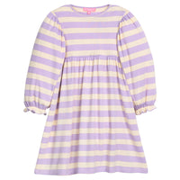 Purple and white striped knit dress that has elastic cuffs at sleeves for a relaxed fit.