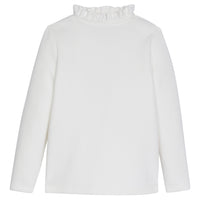 Girls/tween knit top in white that features ruffles around the neckline, giving a slight turtleneck feature--BISBY