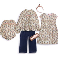 baby bubble flowy top with navy velvet pants , rose gold pencil case pink , little girls flowy dress with pink headband metallic