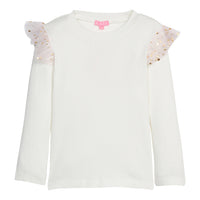 Girls white ribbed long-sleeve top with pink tulle on the shoulders with gold stars.