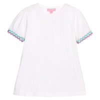 BISBY girl basic white tee with aqua and lavender ric rac detailing at sleeves.