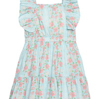 BISBY girl woven dress in a blue/pink/white floral print. Dress features angel flutter sleeves, elastic waistband, and pockets for an elevated look.