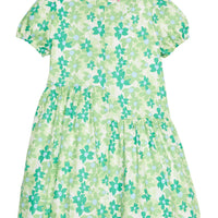 BISBY girl woven dress in a green/light blue floral print. Dress features an asymmetrical cut body, elastic cuffs at sleeves, and a zipper closure along back of dress.