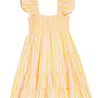 BISBY girl woven seersucker dress in a yellow and salmon pink stripe. Dress features angel sleeves, smocking across bust, and outside surging detail for an elevated look.