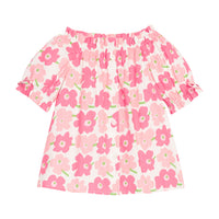 BISBY girl woven top in a salmon pink and a red floral print. Top features an elastic neckline, elastic cuffs at sleeves, and faux bow ties at ends of sleeves for an elevated look.