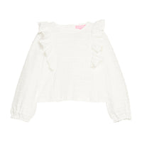 Girls/tween long sleeve white knit ruffle blouse with elastic armholes and button down closure at back for a secure but relaxed fit.