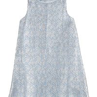 Girls/tween light blue sleeveless crinkle dress with silver stars print that features a button closure at top of back of neckline for a secure but relaxed fit.