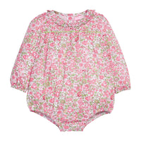 Pink and green baby bubble with green piping that also features button closure along back of neckline and at stride for easy put on/ take off access/