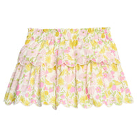 BISBY girl woven two tiered skort in a pink and yellow floral. Skort features built in shorts, cream embroidery along scallops, and elastic waistband.