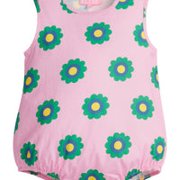 Baby girl light pink woven bubble with green/royal blue/and yellow flowers printed on it. Bubble also features button closures along stride for easy put on capability.