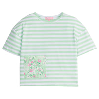 Girls/Tween light green stripe knit boxy tee with green floral pocket detail on front.