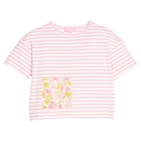 BISBY girl knit boxy tee in a pink and white stripe. Tee features a faux pocket on the front with a yellow/pink floral pattern to elevate the tee.