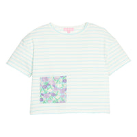 BISBY girl knit boxy tee in an aqua and white stripe. Tee features a faux pocket on the front with a purple/green/aqua floral pattern to elevate the tee.