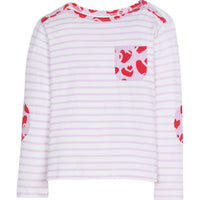 Long sleeve lilac stripe knit top with graffiti heart pocket square detail and elbow padding detail.